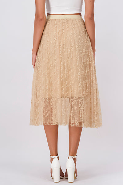 Lace Flower Mesh Midi Skirt BEIGE