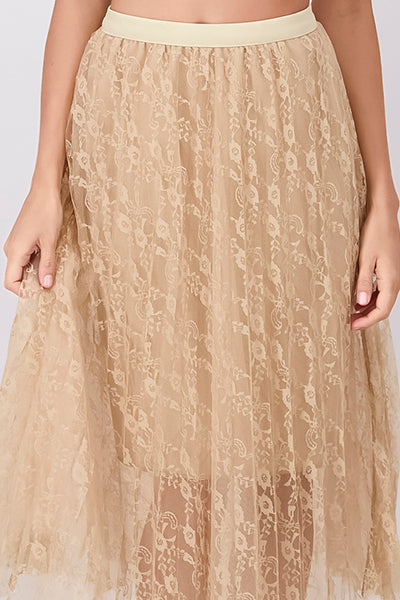 Lace Flower Mesh Midi Skirt BEIGE