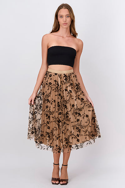 Print Pleated Midi Skirt BLACK COMBO