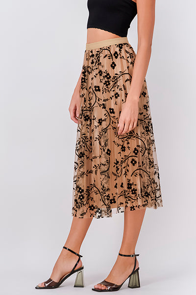 Print Pleated Midi Skirt BLACK COMBO