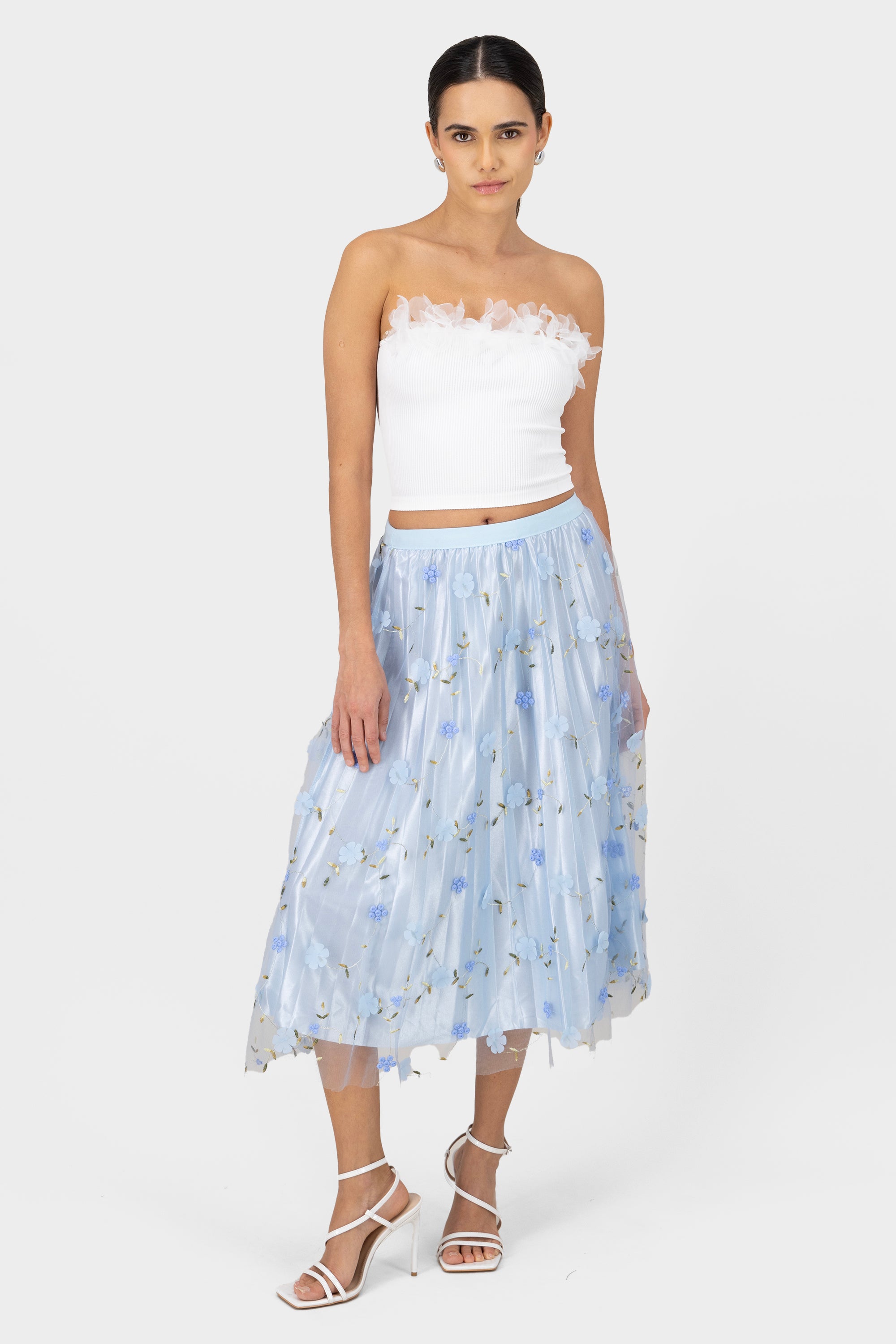 Floral Print Mesh Summer Midi Skirt BLUE COMBO