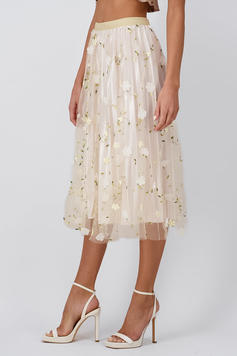 Floral Print Mesh Summer Midi Skirt IVORY