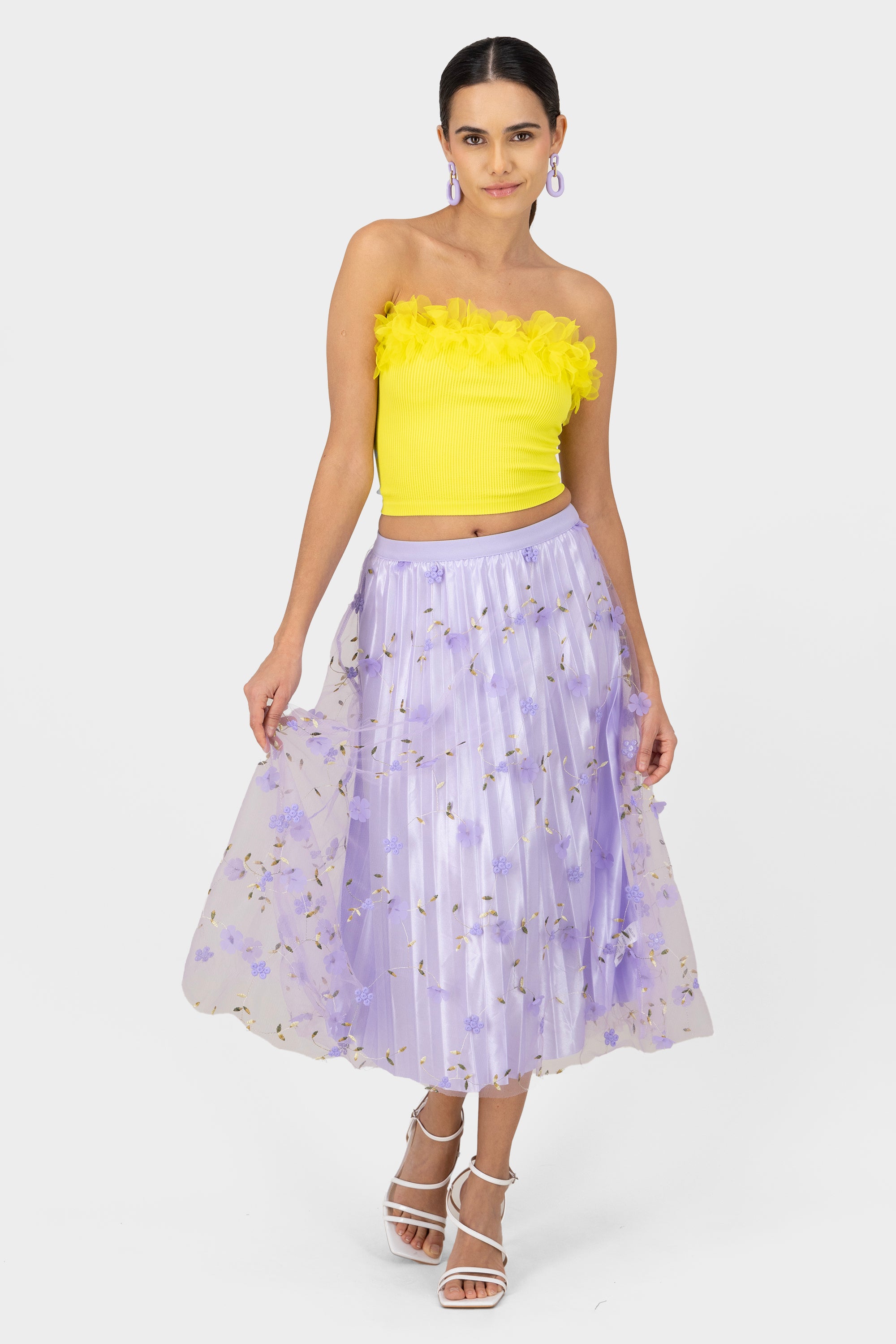 Floral Print Mesh Summer Midi Skirt PASTEL PURPLE