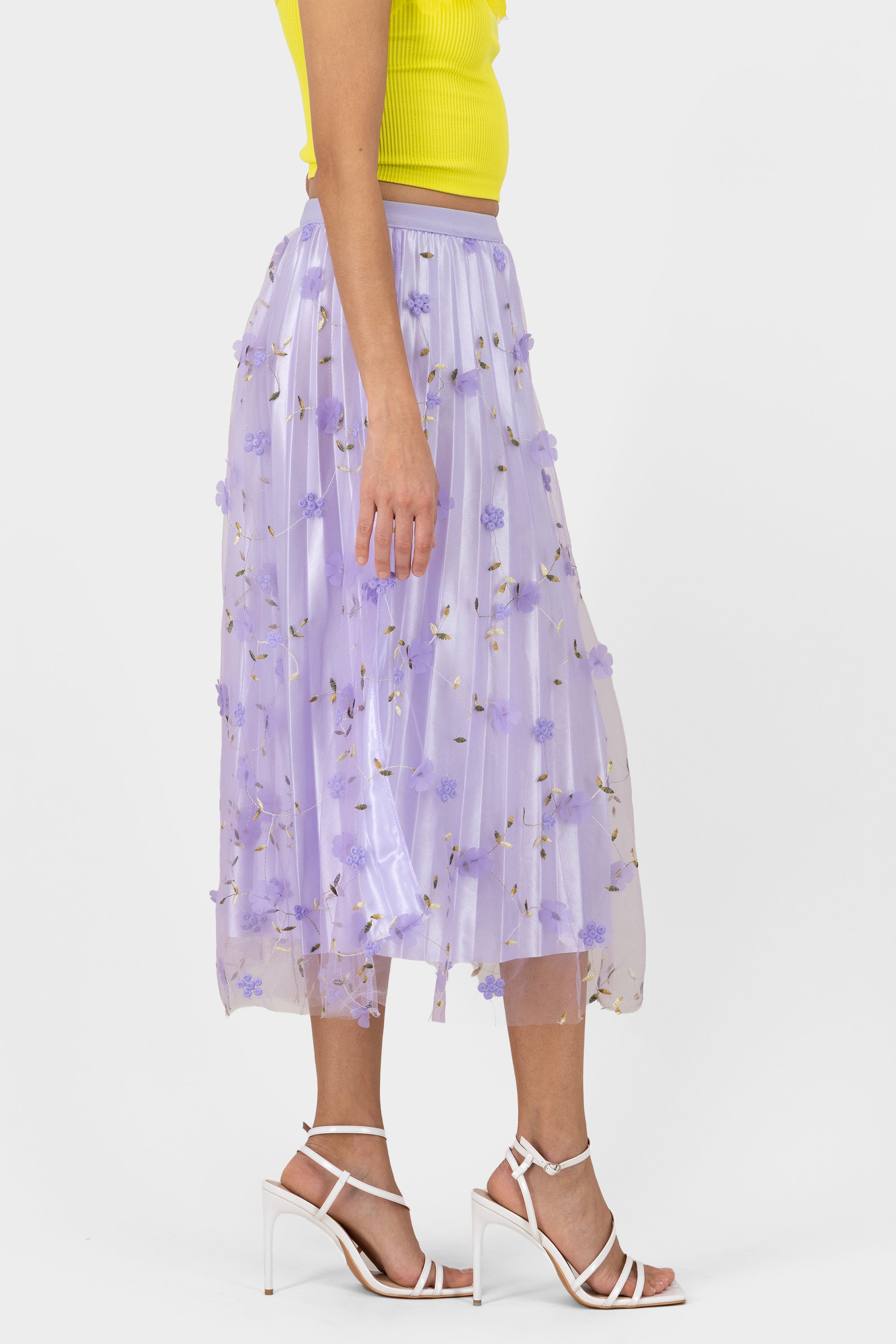 Floral Print Mesh Summer Midi Skirt PASTEL PURPLE