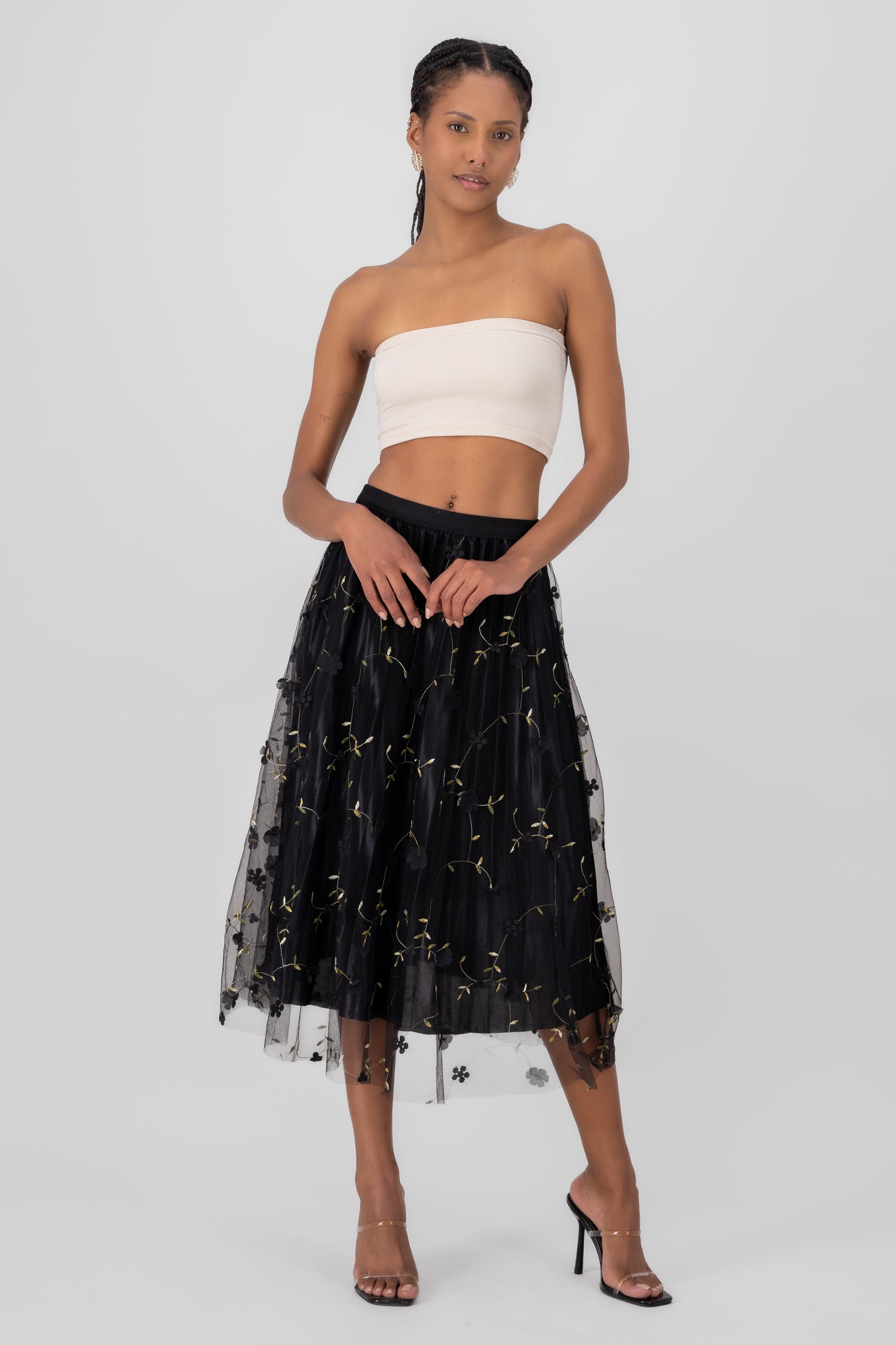 Floral Print Mesh Summer Midi Skirt BLACK