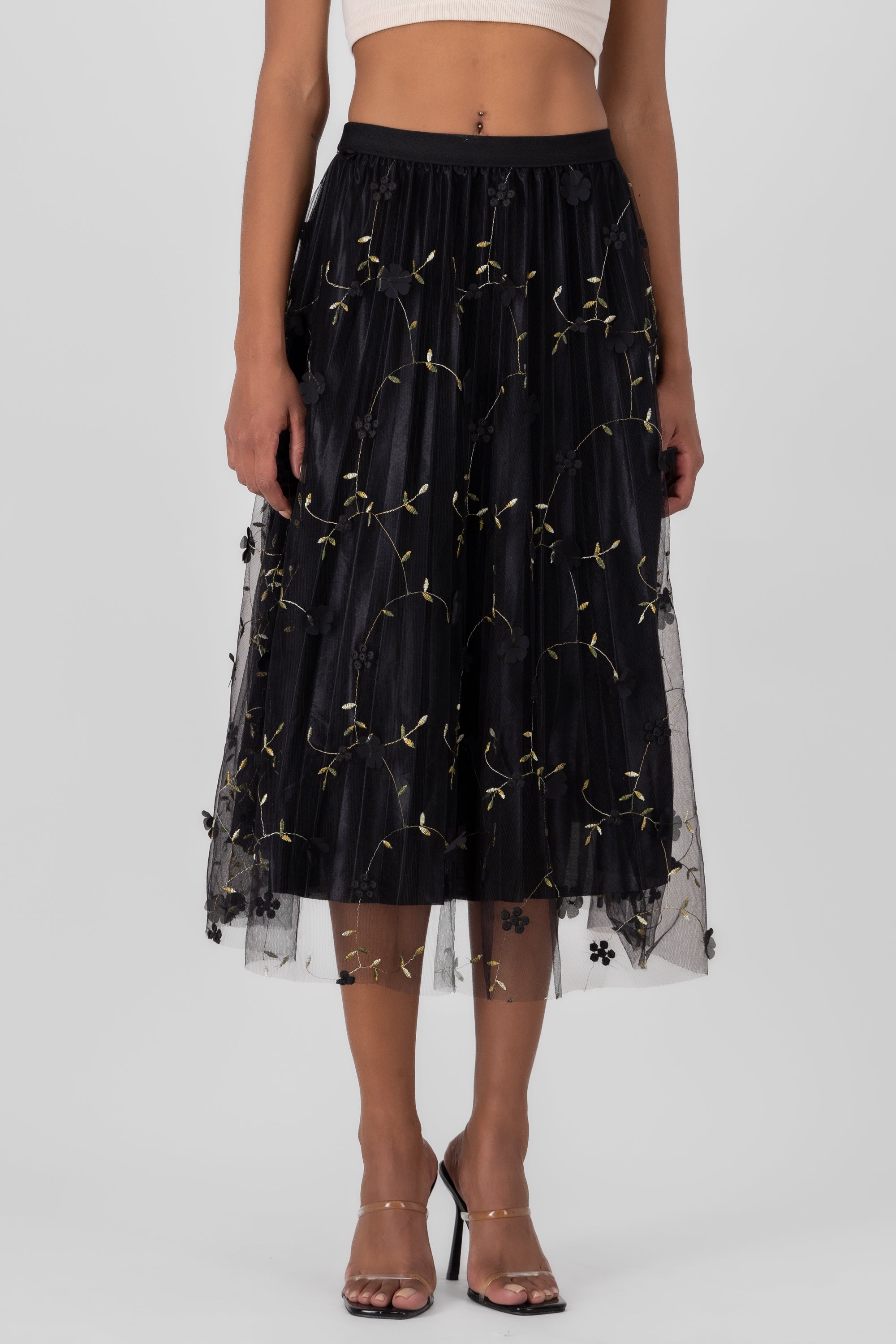 Floral Print Mesh Summer Midi Skirt BLACK