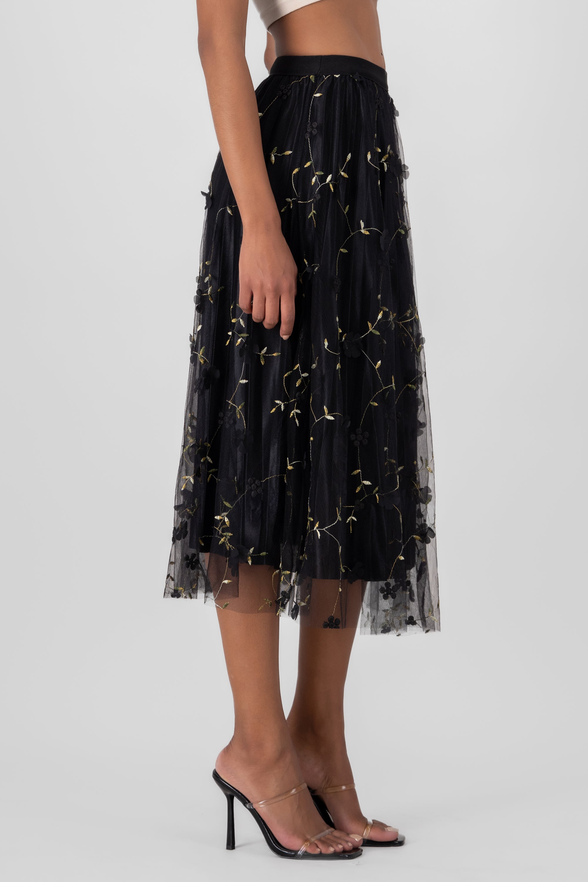 Floral Print Mesh Summer Midi Skirt BLACK