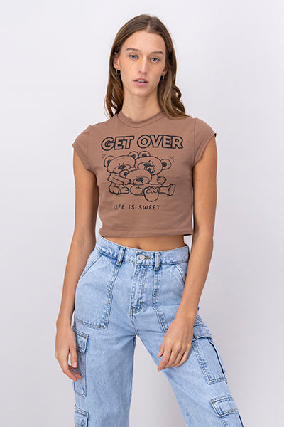 Get Over' Bear Printed Graphic Crop Top BROWN