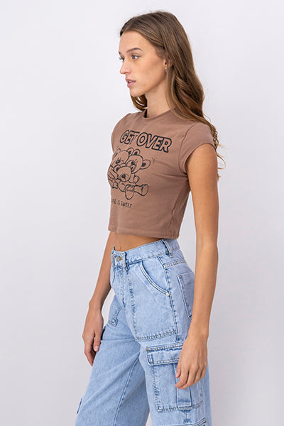 Get Over' Bear Printed Graphic Crop Top BROWN