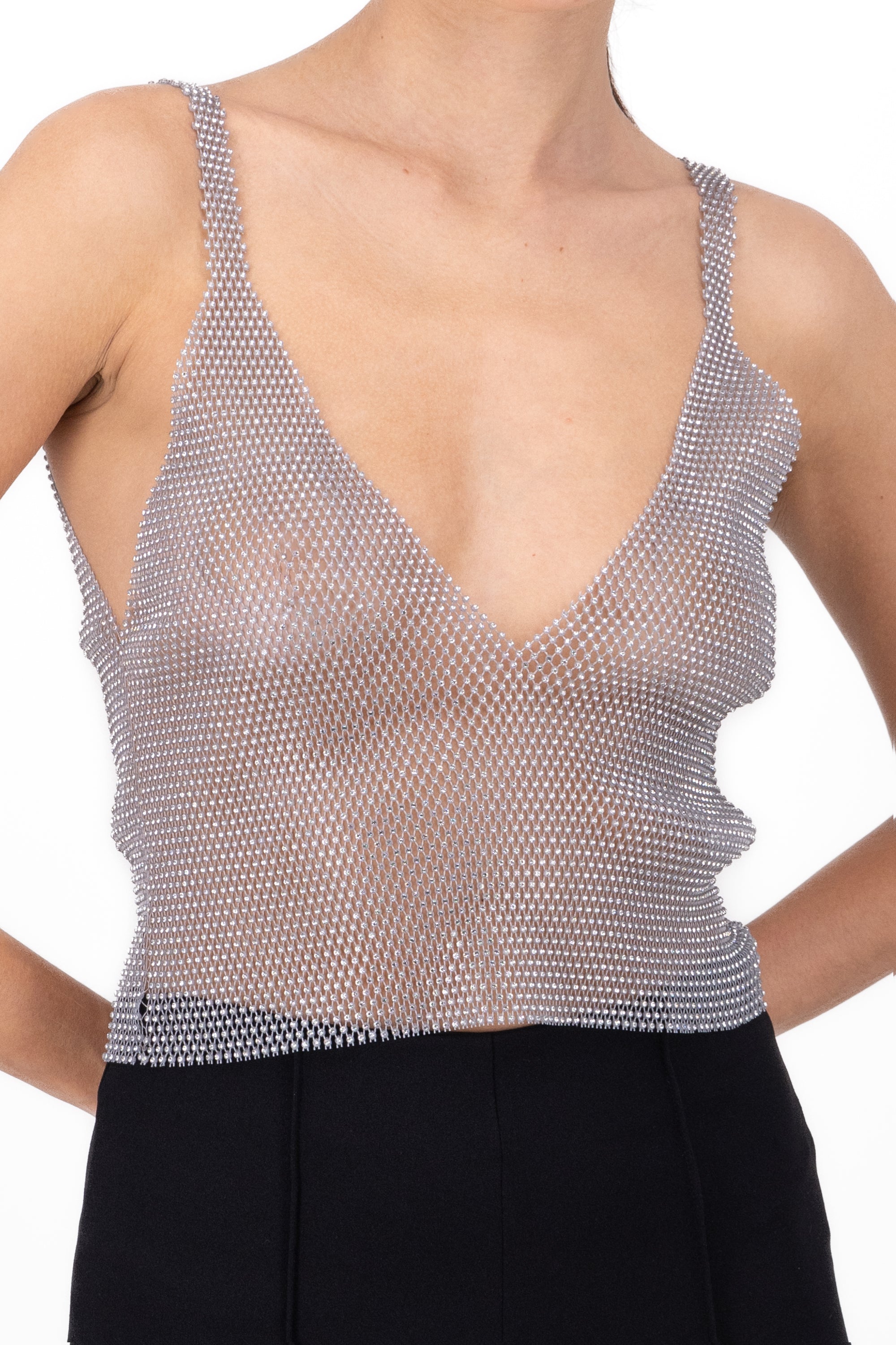 Shiny Deep VNeck Crop Tank Top SILVER