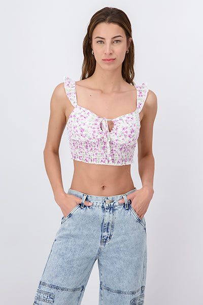 Floral Lettuce Hem Strap Crop Top PASTEL PURPLE