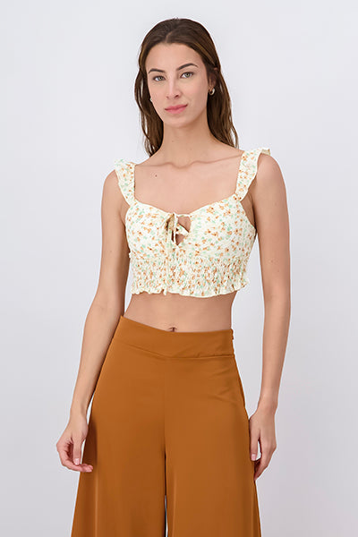 Floral Lettuce Hem Strap Crop Top ORANGE