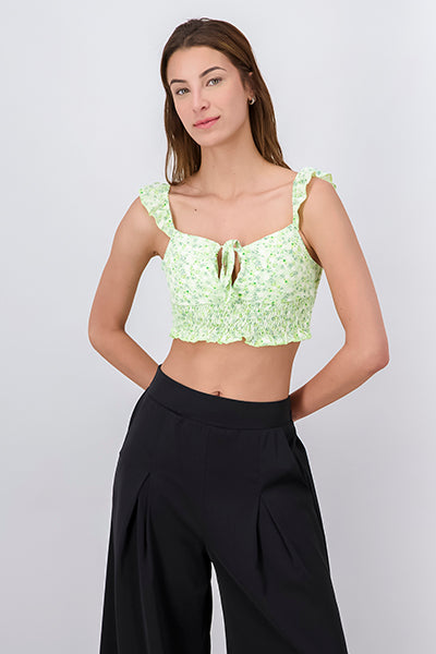 Floral Lettuce Hem Strap Crop Top GREEN