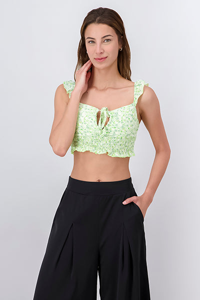 Floral Lettuce Hem Strap Crop Top GREEN