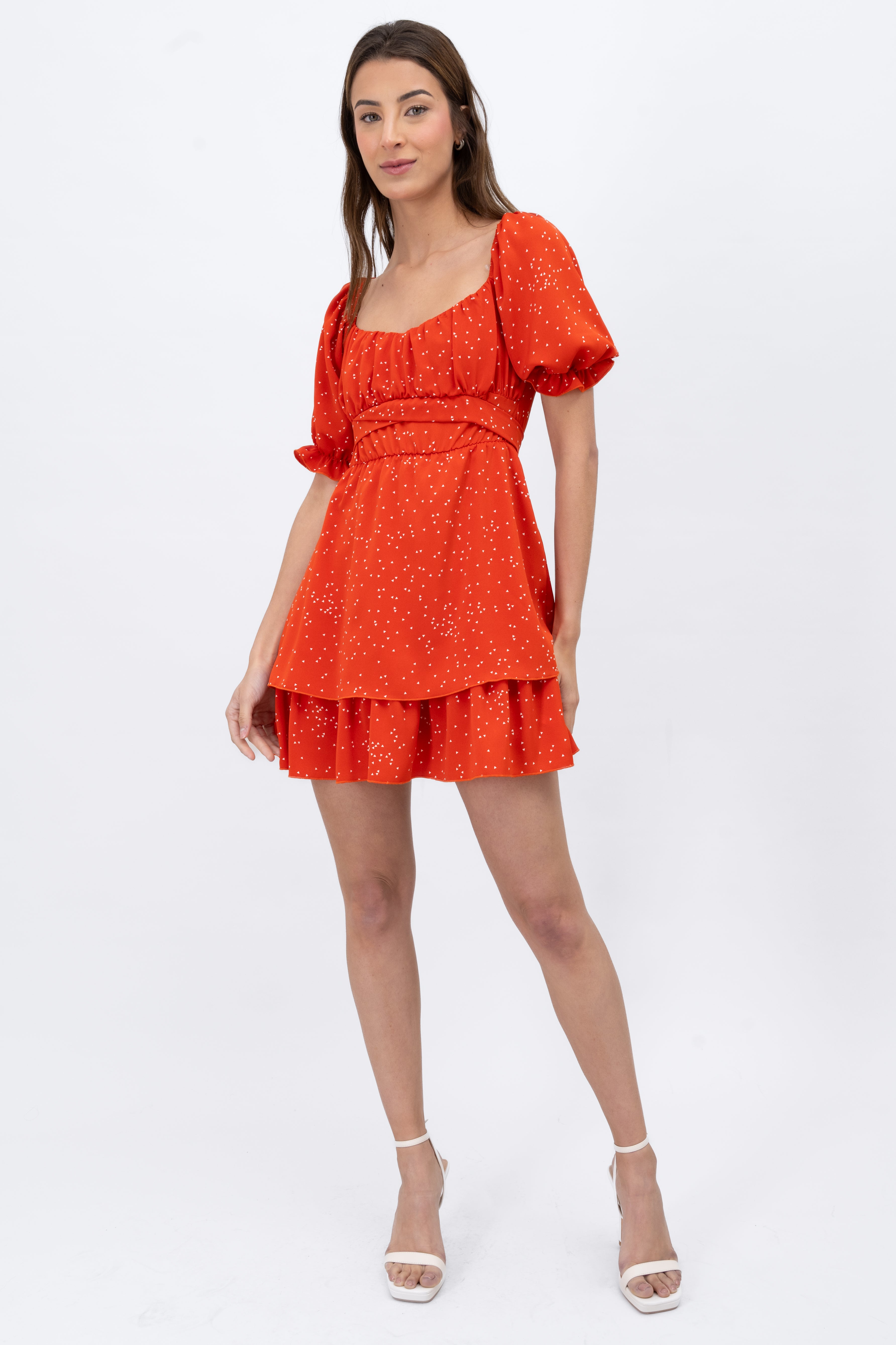 Puff Sleeve Ruffle Hem Day Dress With Dot Design ORANGE COMBO