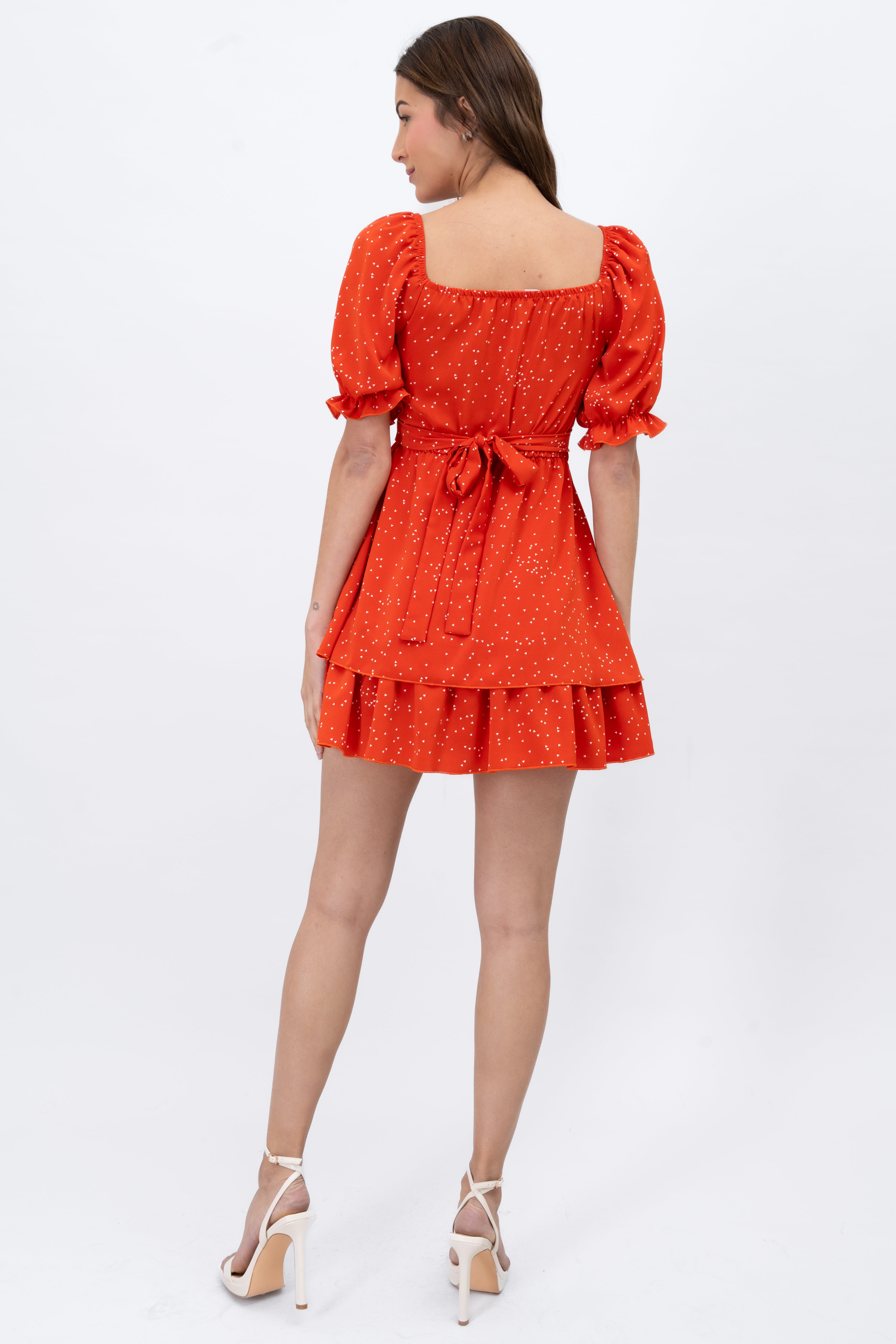 Puff Sleeve Ruffle Hem Day Dress With Dot Design ORANGE COMBO