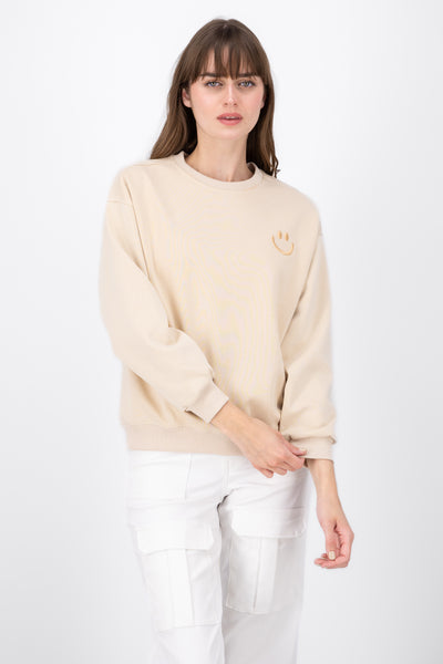 Happy Face Embroidered Crewneck Sweater IVORY