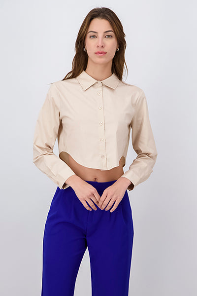 Long Sleeve Lightweight Collared ButtonDown Blouse KHAKI