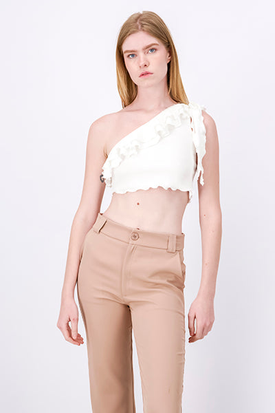 Asymmetric Ruffled Crop Top WHITE