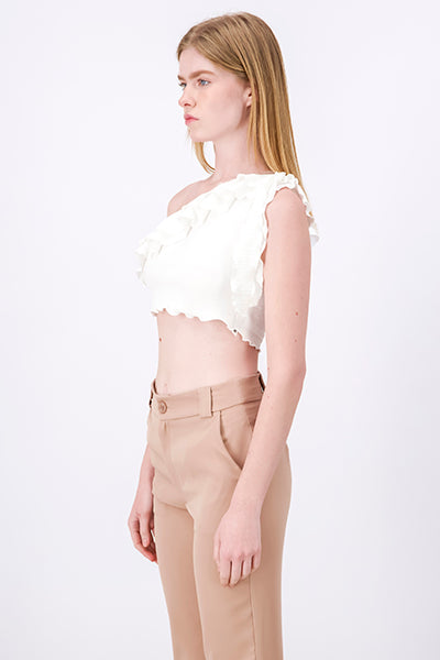 Asymmetric Ruffled Crop Top WHITE