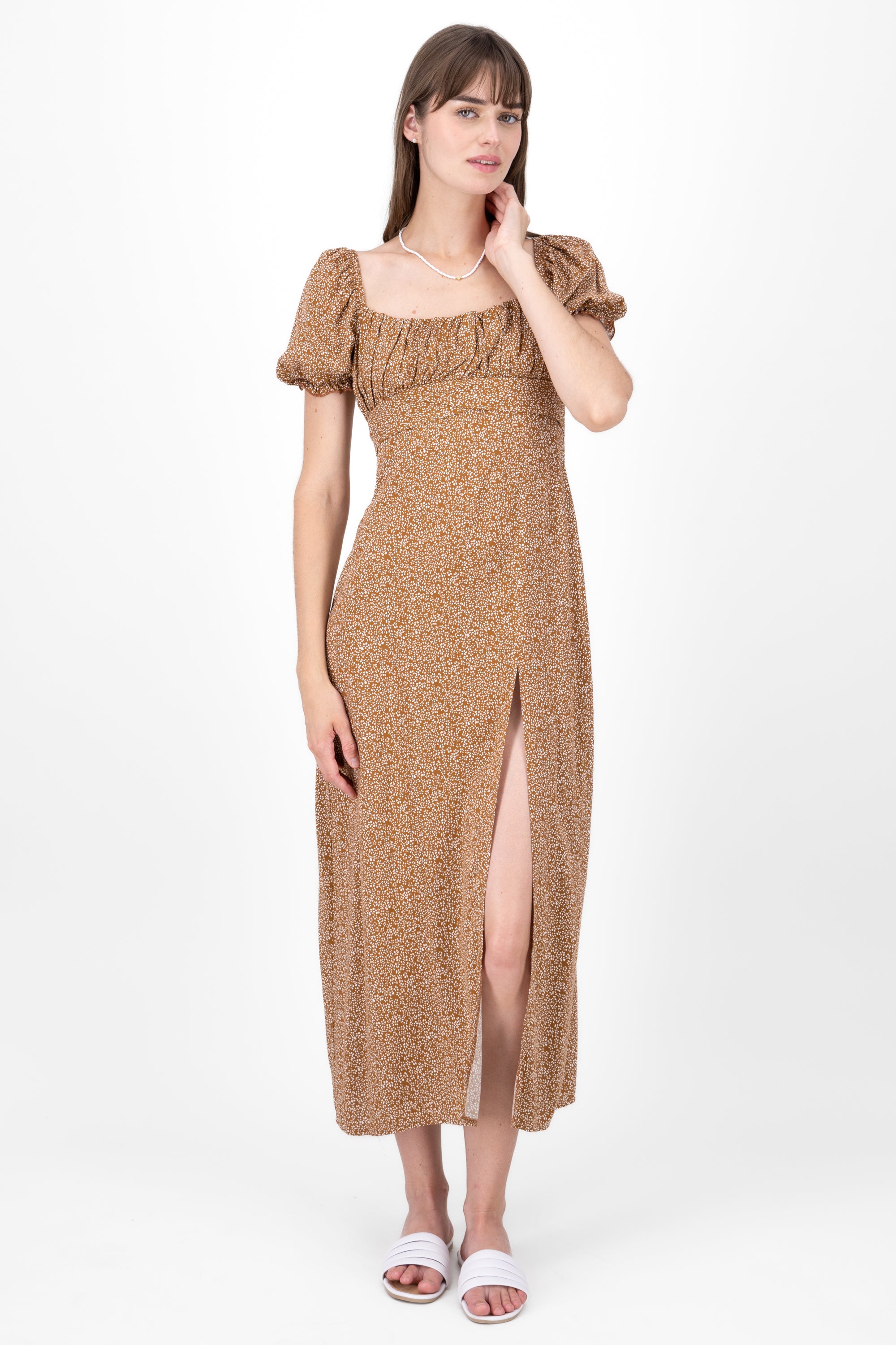 Mini Flower Printed Short Sleeve Maxi Dress BROWN