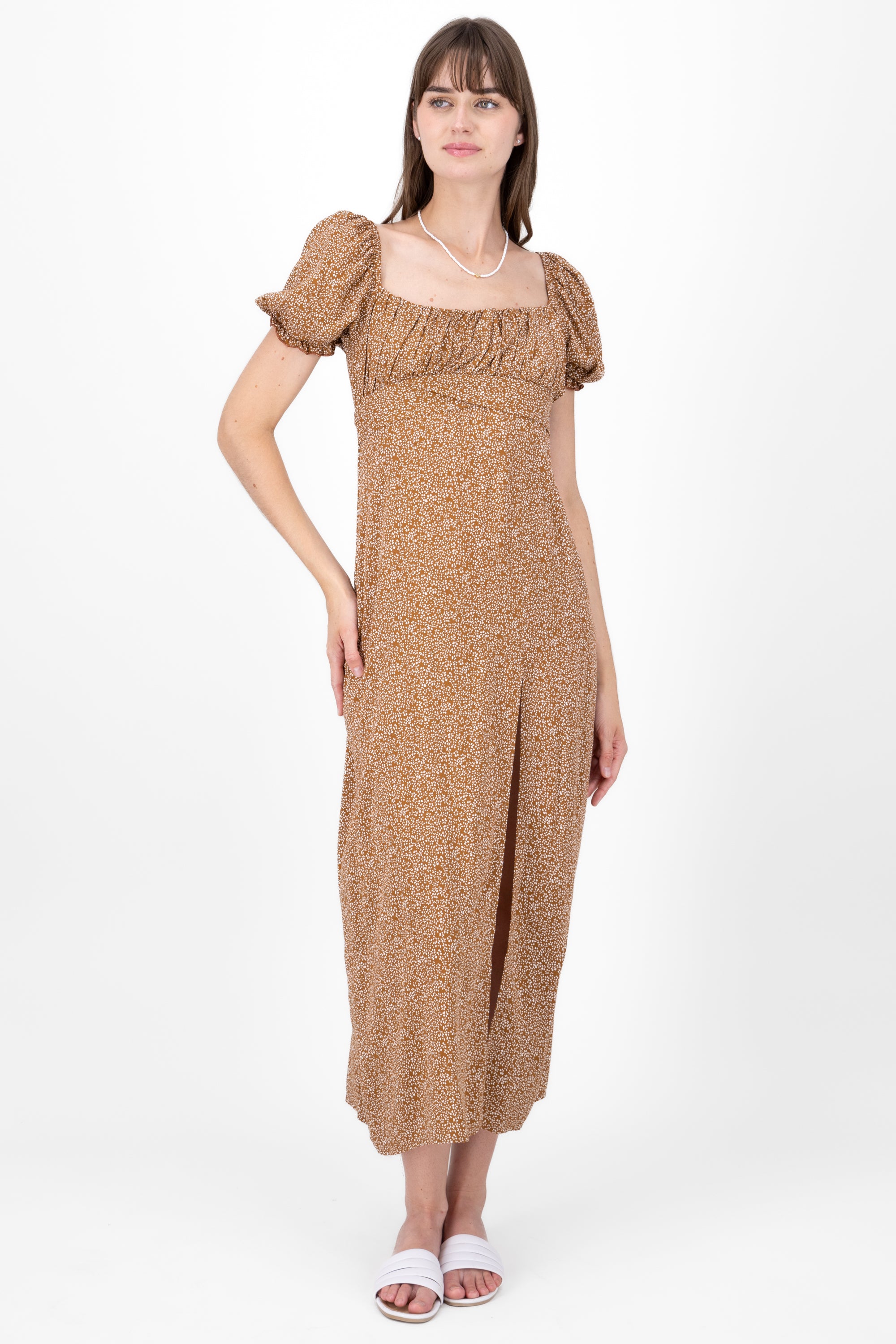 Mini Flower Printed Short Sleeve Maxi Dress BROWN