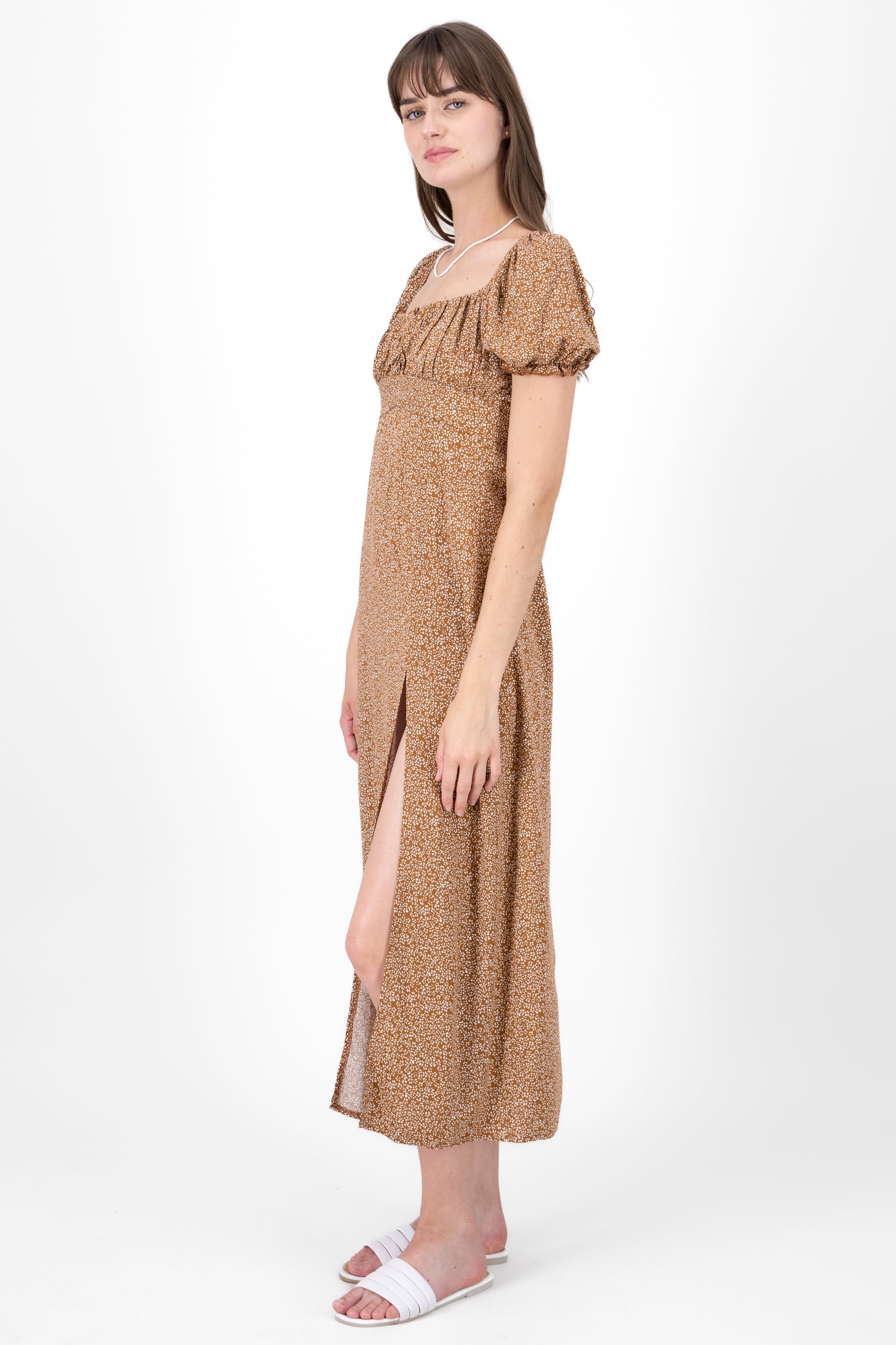 Mini Flower Printed Short Sleeve Maxi Dress BROWN