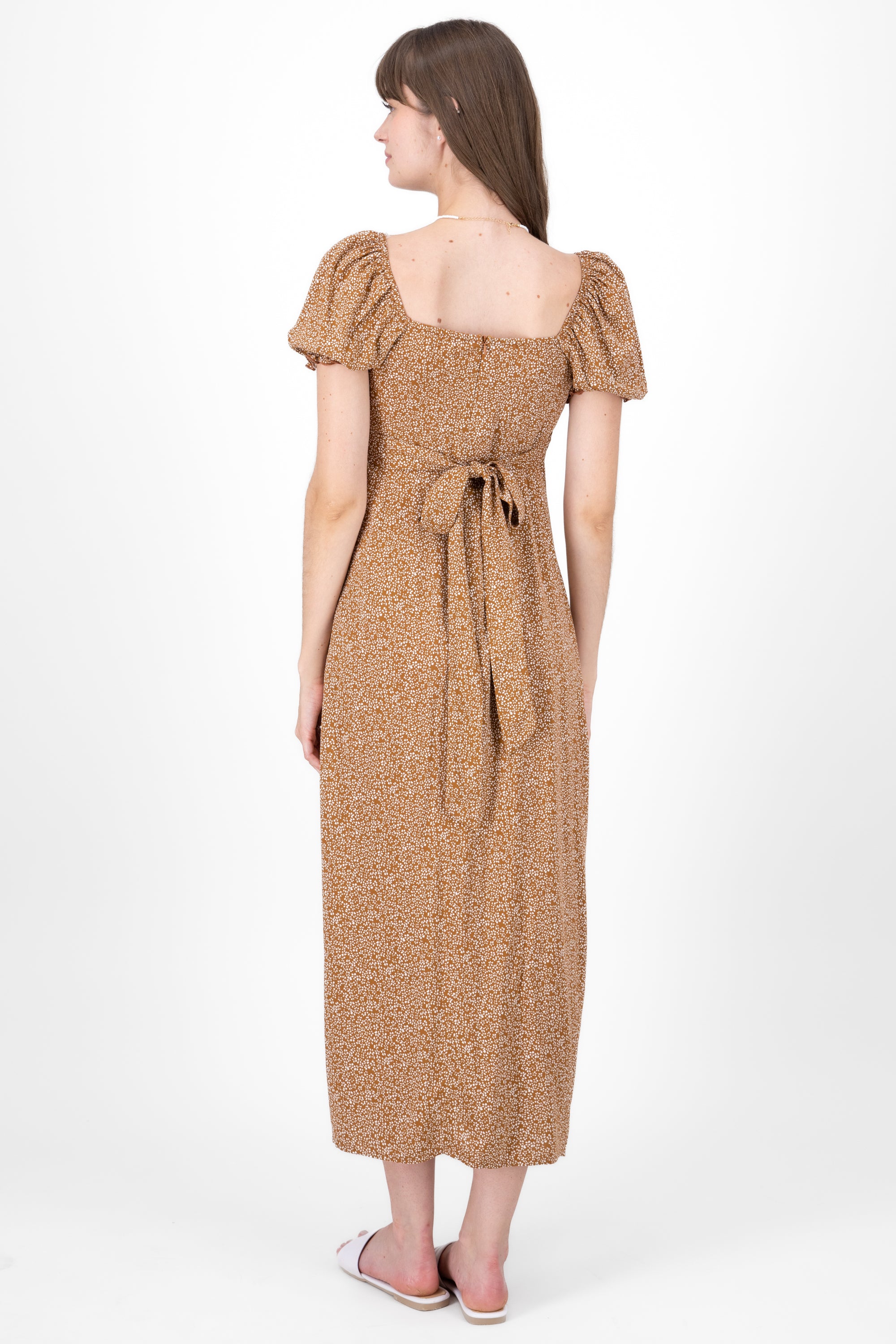 Mini Flower Printed Short Sleeve Maxi Dress BROWN