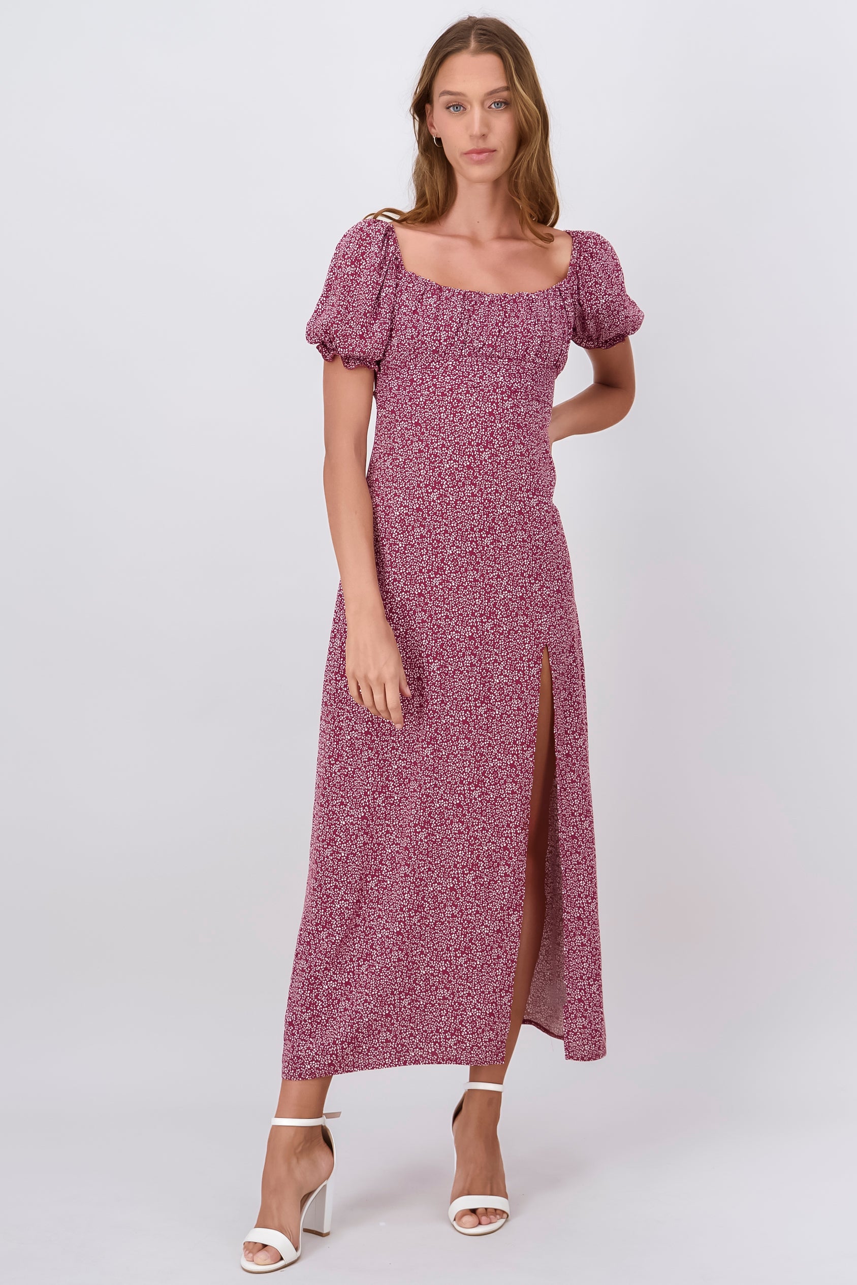 Mini Flower Printed Short Sleeve Maxi Dress BURGUNDY COMBO