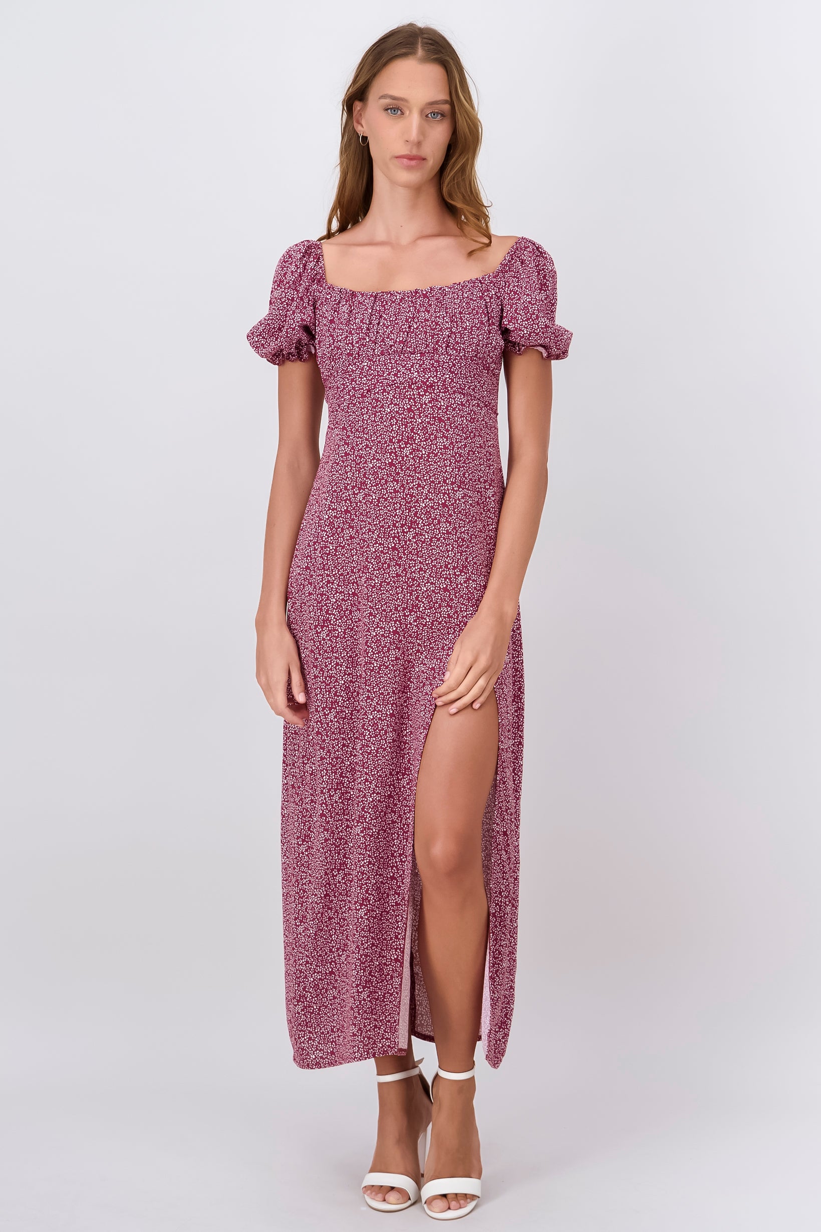 Mini Flower Printed Short Sleeve Maxi Dress BURGUNDY COMBO