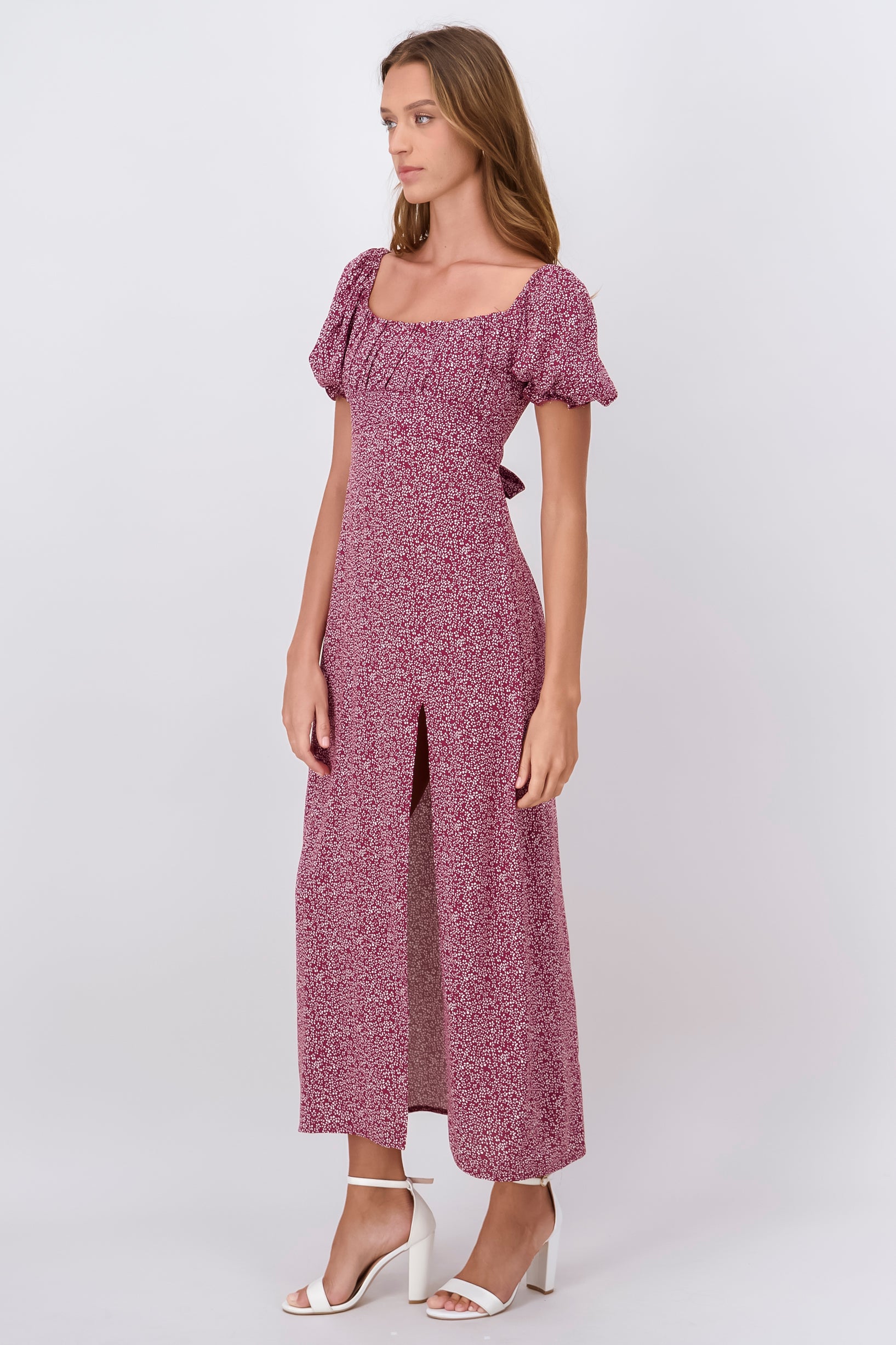 Mini Flower Printed Short Sleeve Maxi Dress BURGUNDY COMBO