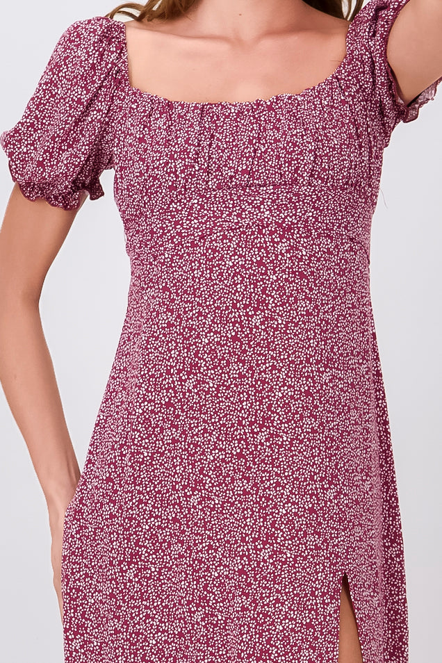 Mini Flower Printed Short Sleeve Maxi Dress BURGUNDY COMBO