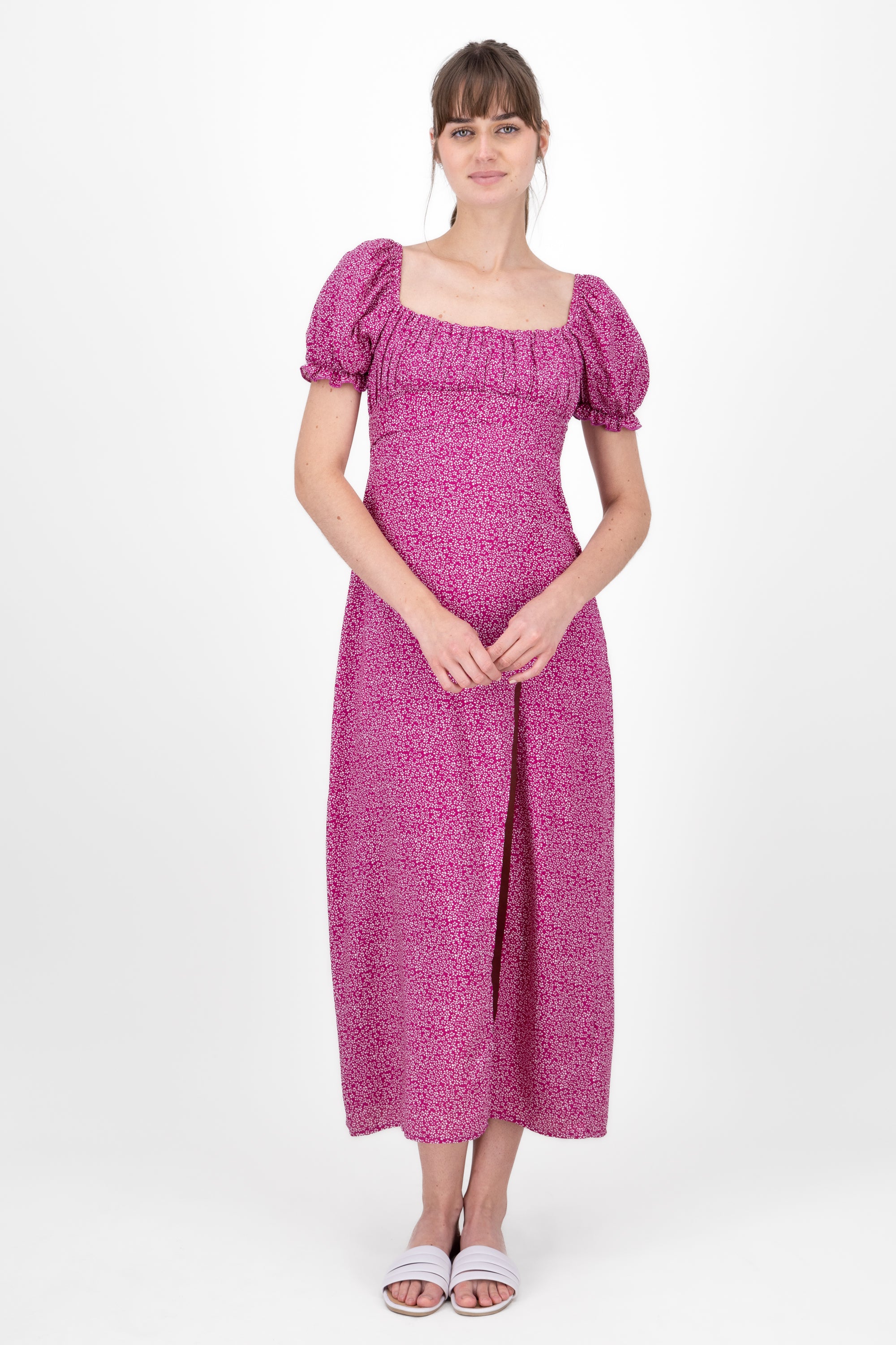 Mini Flower Printed Short Sleeve Maxi Dress FUCHSIA COMBO