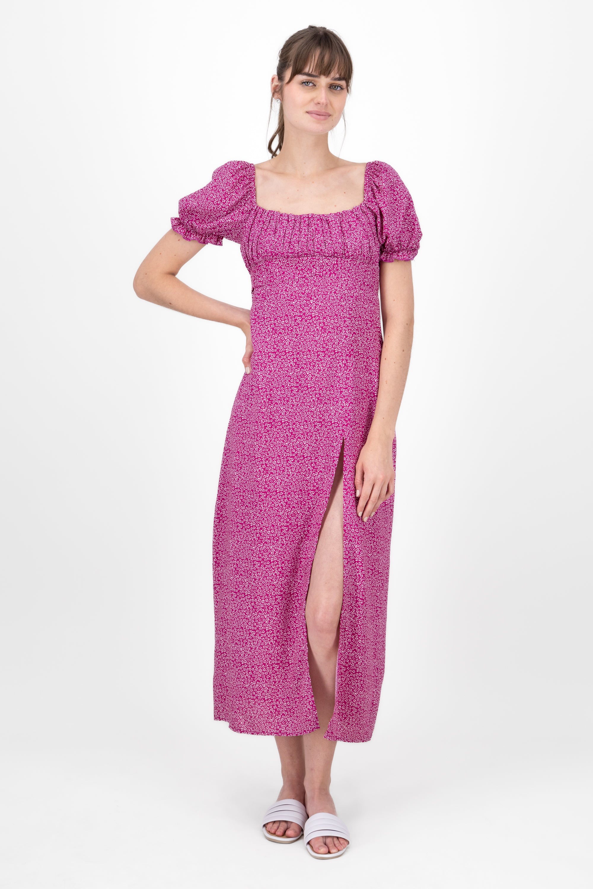 Mini Flower Printed Short Sleeve Maxi Dress FUCHSIA COMBO