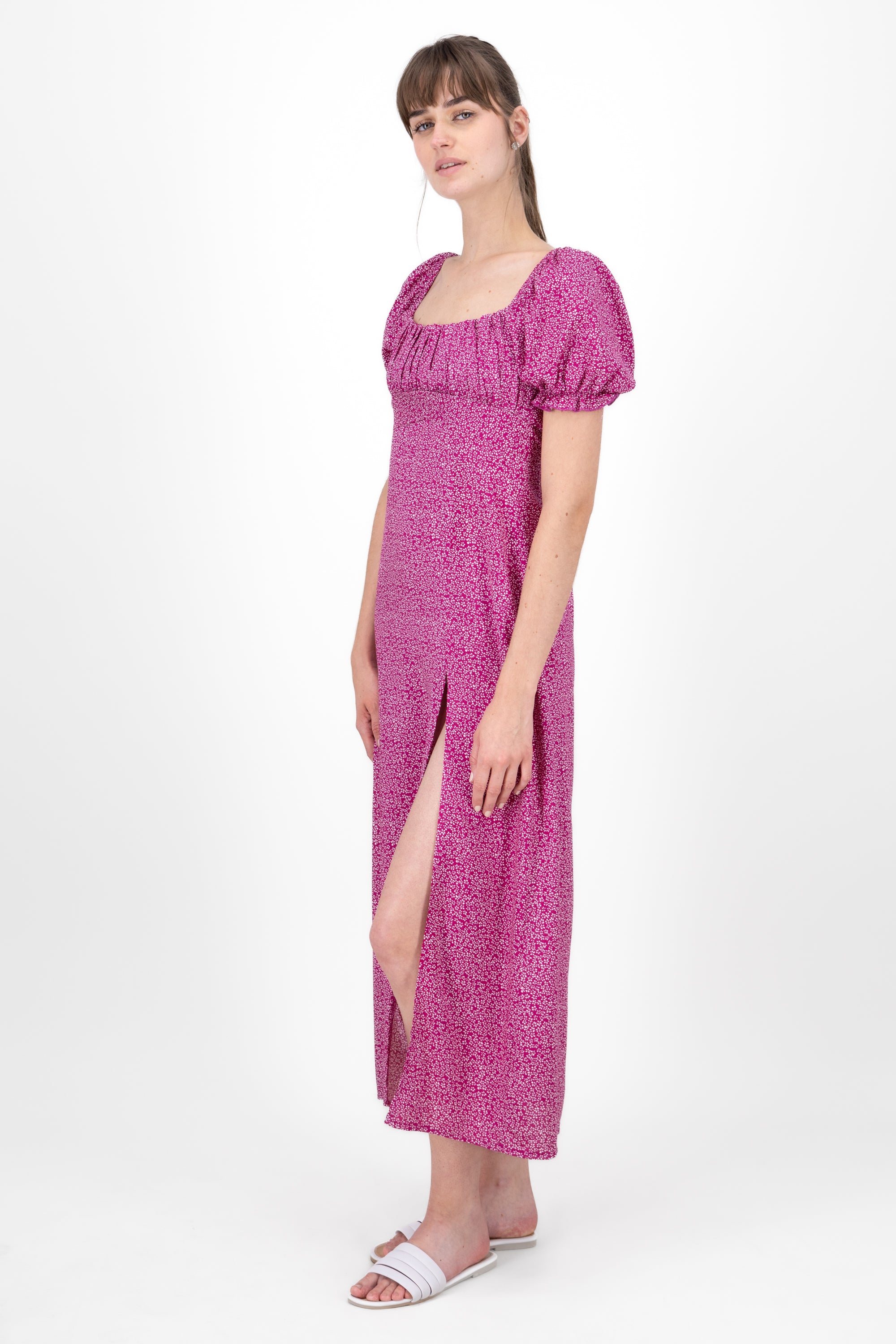 Mini Flower Printed Short Sleeve Maxi Dress FUCHSIA COMBO