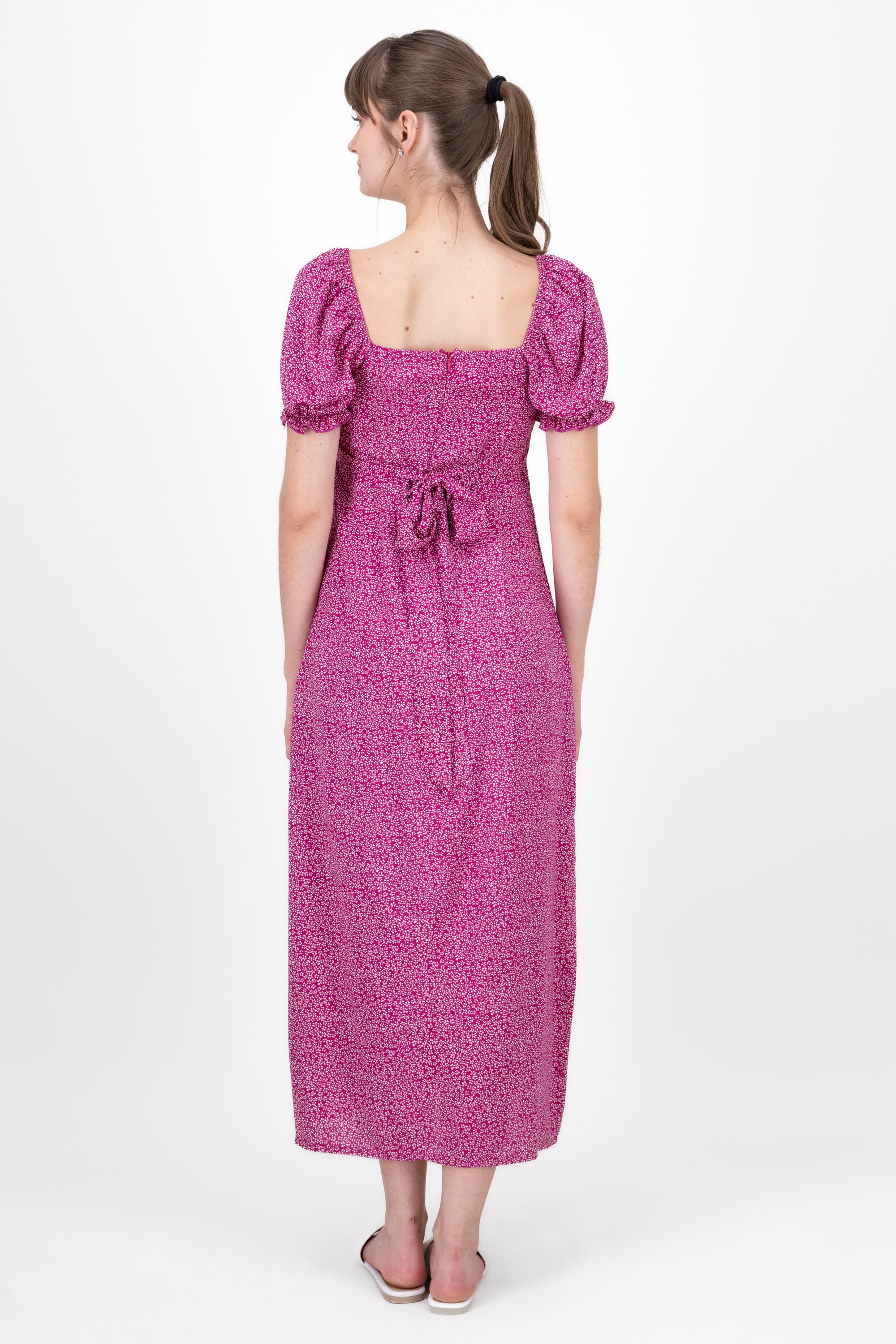 Mini Flower Printed Short Sleeve Maxi Dress FUCHSIA COMBO