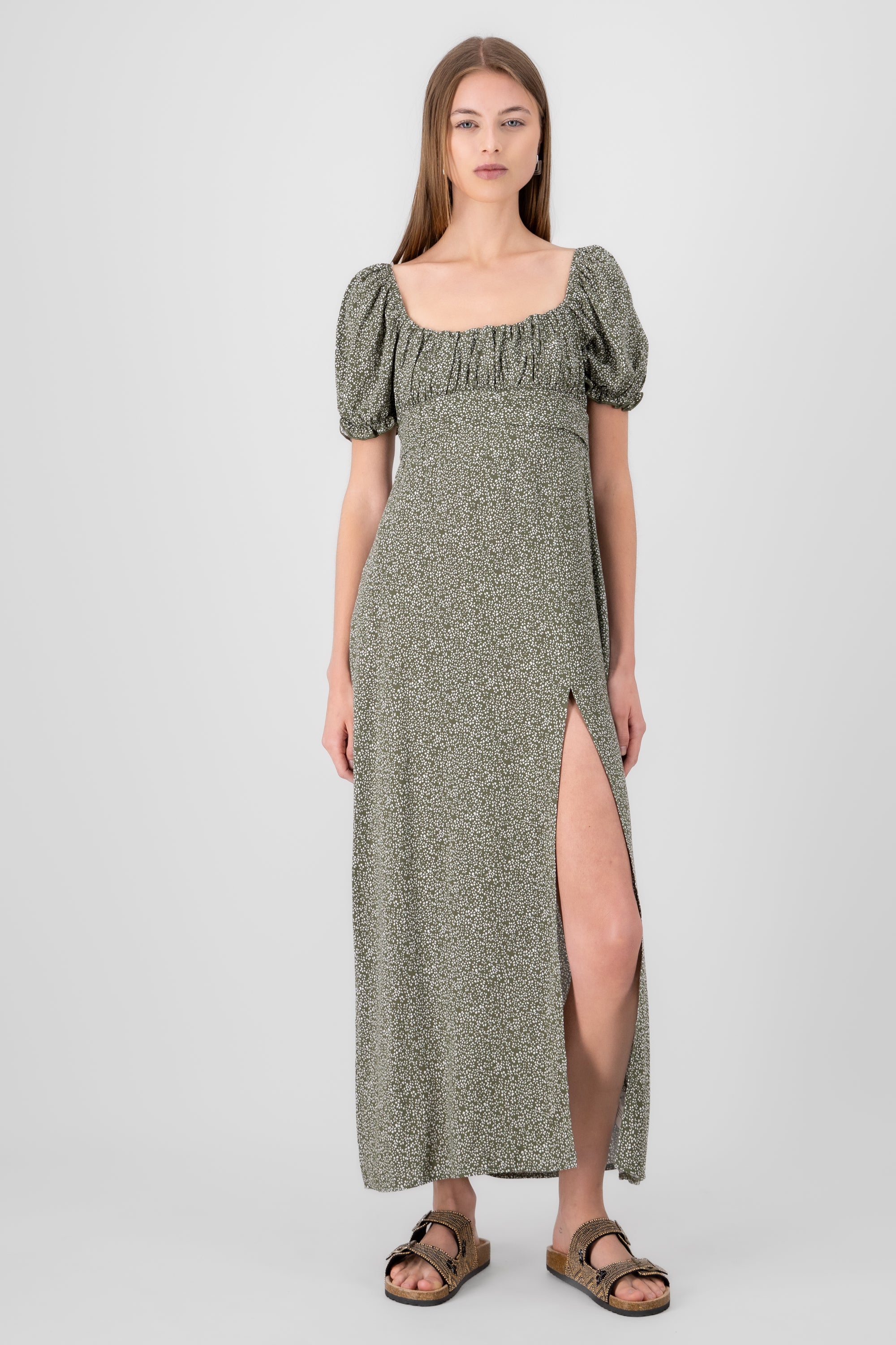 Mini Flower Printed Short Sleeve Maxi Dress OLIVE COMBO