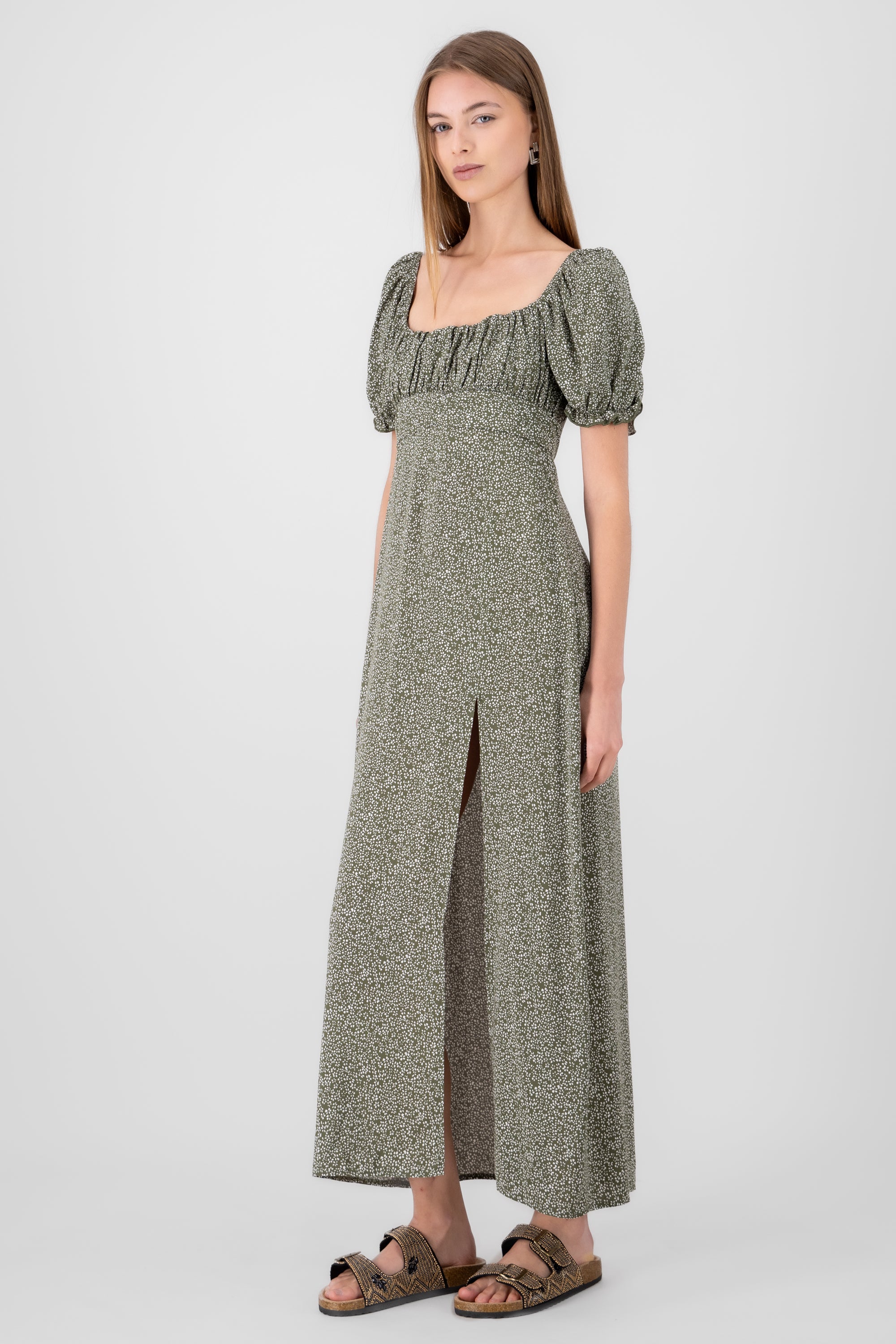 Mini Flower Printed Short Sleeve Maxi Dress OLIVE COMBO