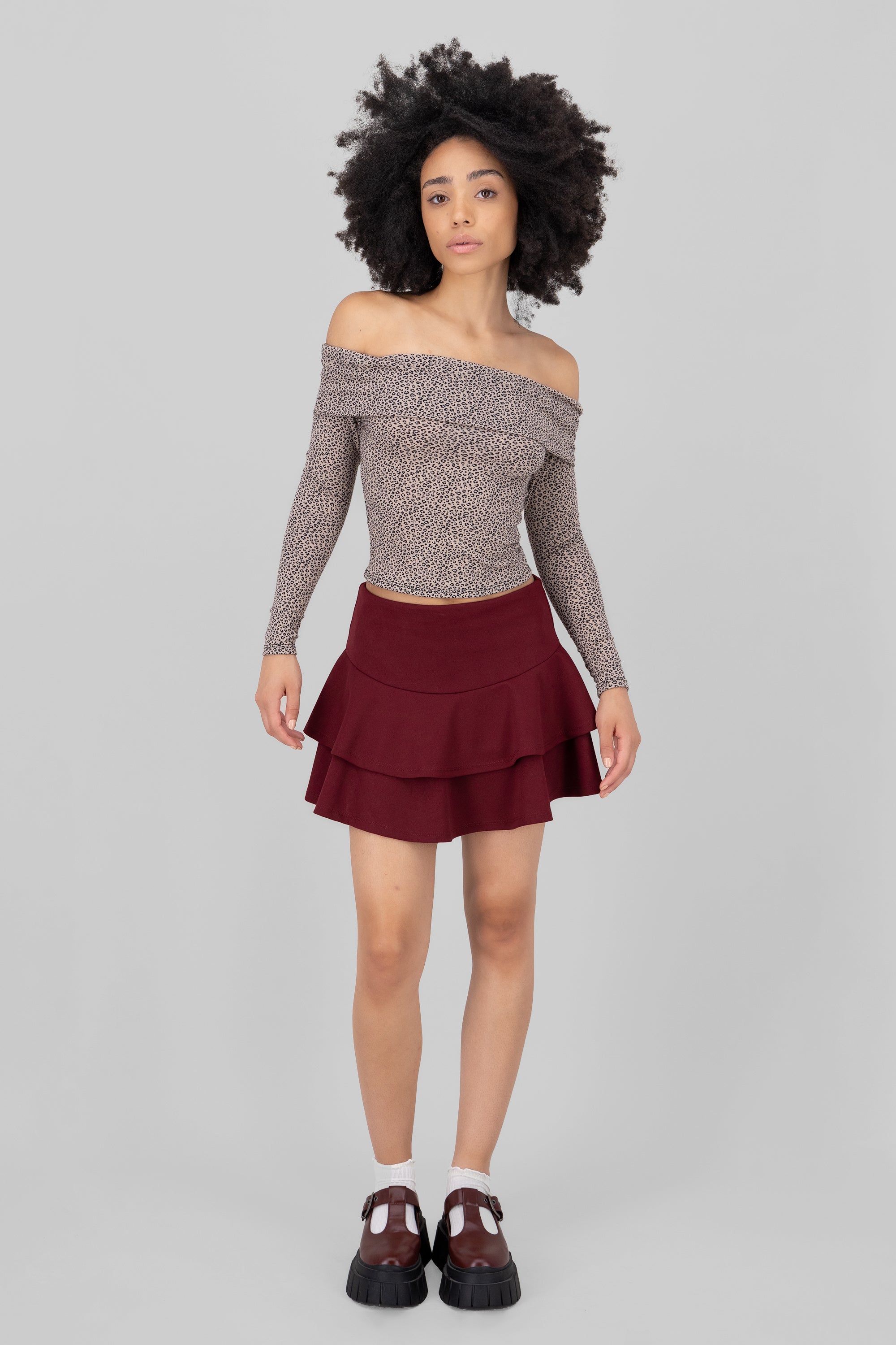 DoubleLayer Ruffle Hem Mini Skirt PLUM