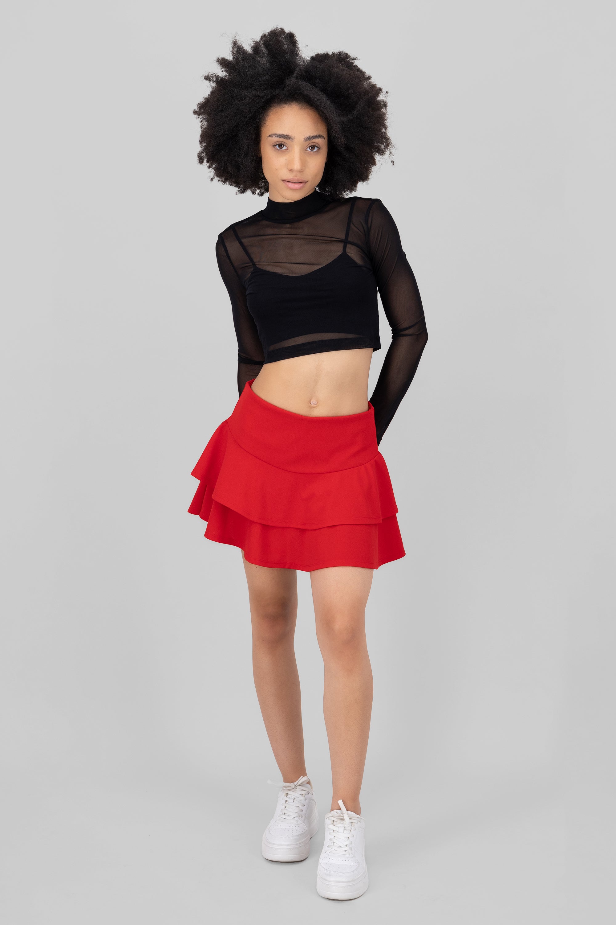 DoubleLayer Ruffle Hem Mini Skirt RED