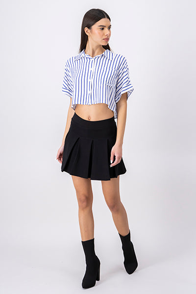 Double Waistband Pleated Mini Skirt BLACK