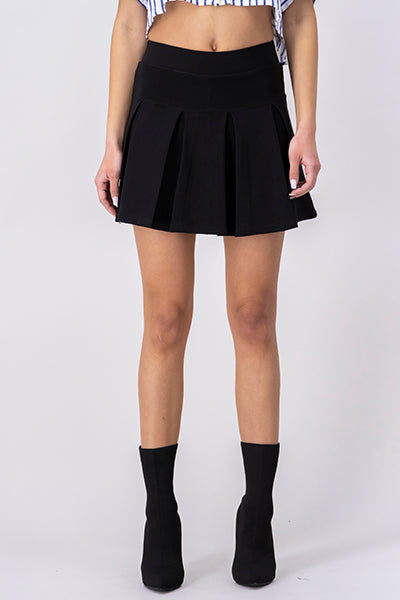 Double Waistband Pleated Mini Skirt BLACK