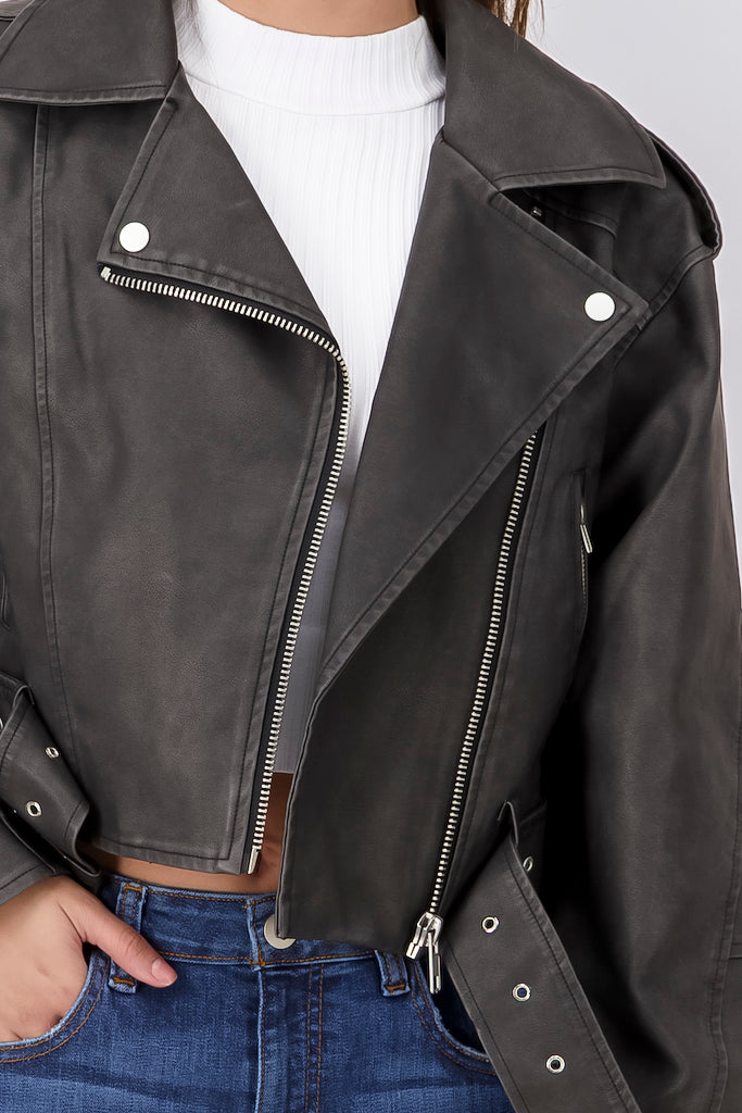 Washed Effect Biker Jacket BLACK