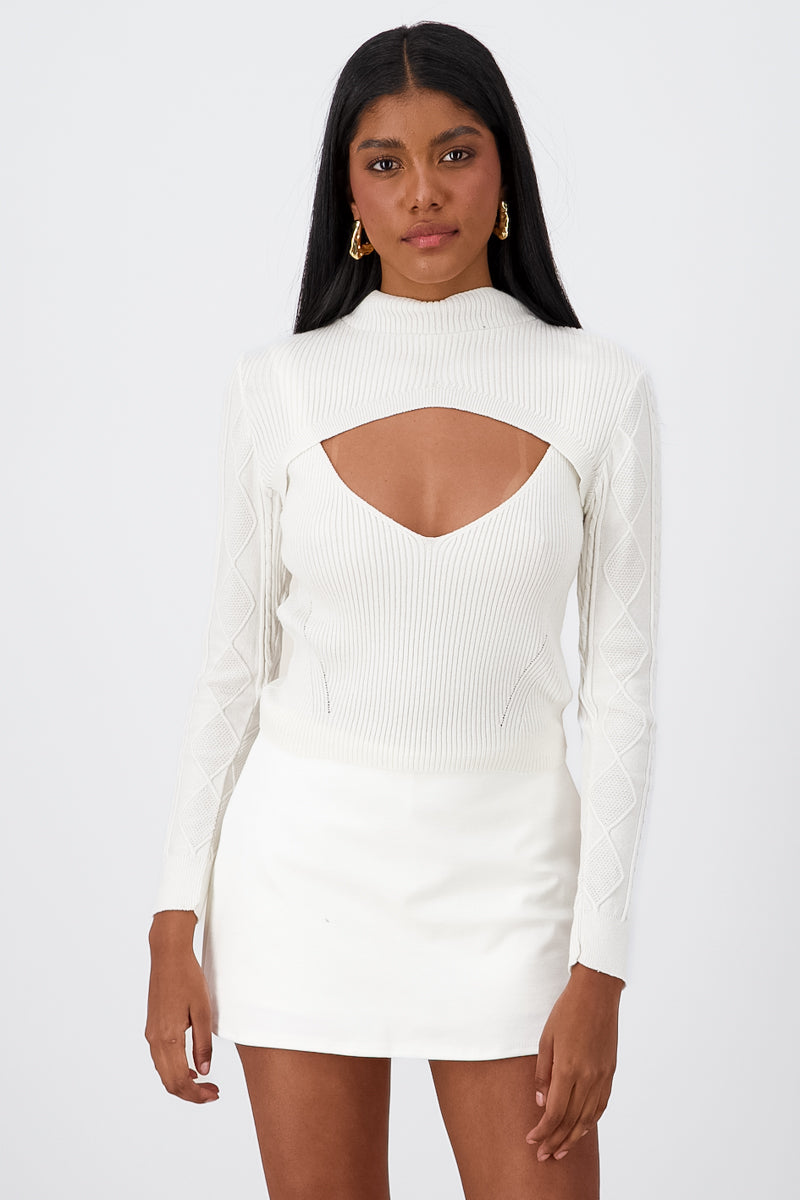 VNeck Cut Out Long Sleeve Bodycon Mini Dress IVORY