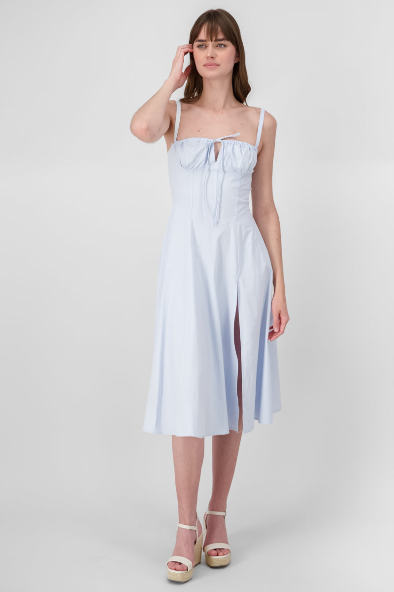 Sleeveless TieFront Textured Midi Day Dress SKY BLUE