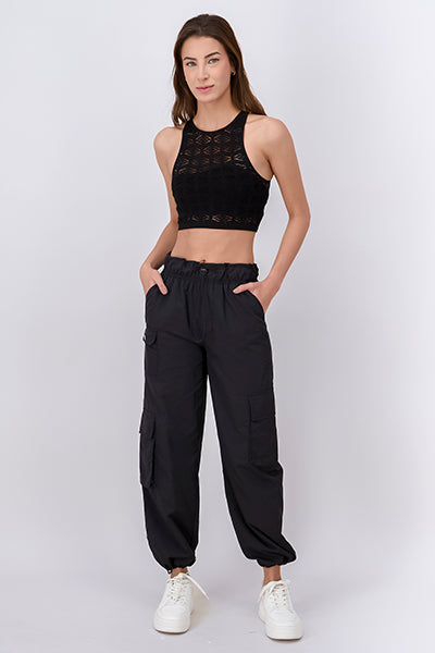 Elastic Cargo Pants With Ribbon BLACK