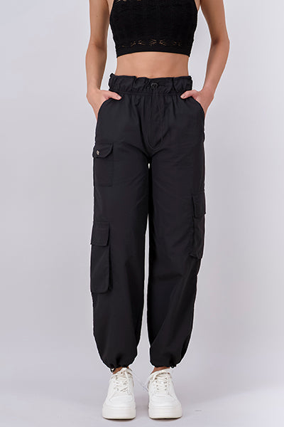 Elastic Cargo Pants With Ribbon BLACK