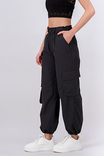 Elastic Cargo Pants With Ribbon BLACK