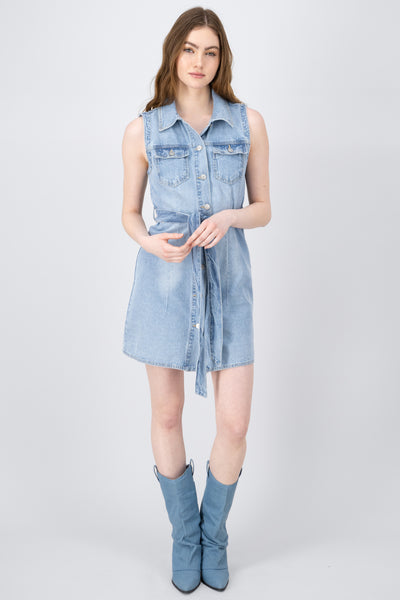 Sleeveless Denim PoloLike Mini Dress MEDIUM WASH