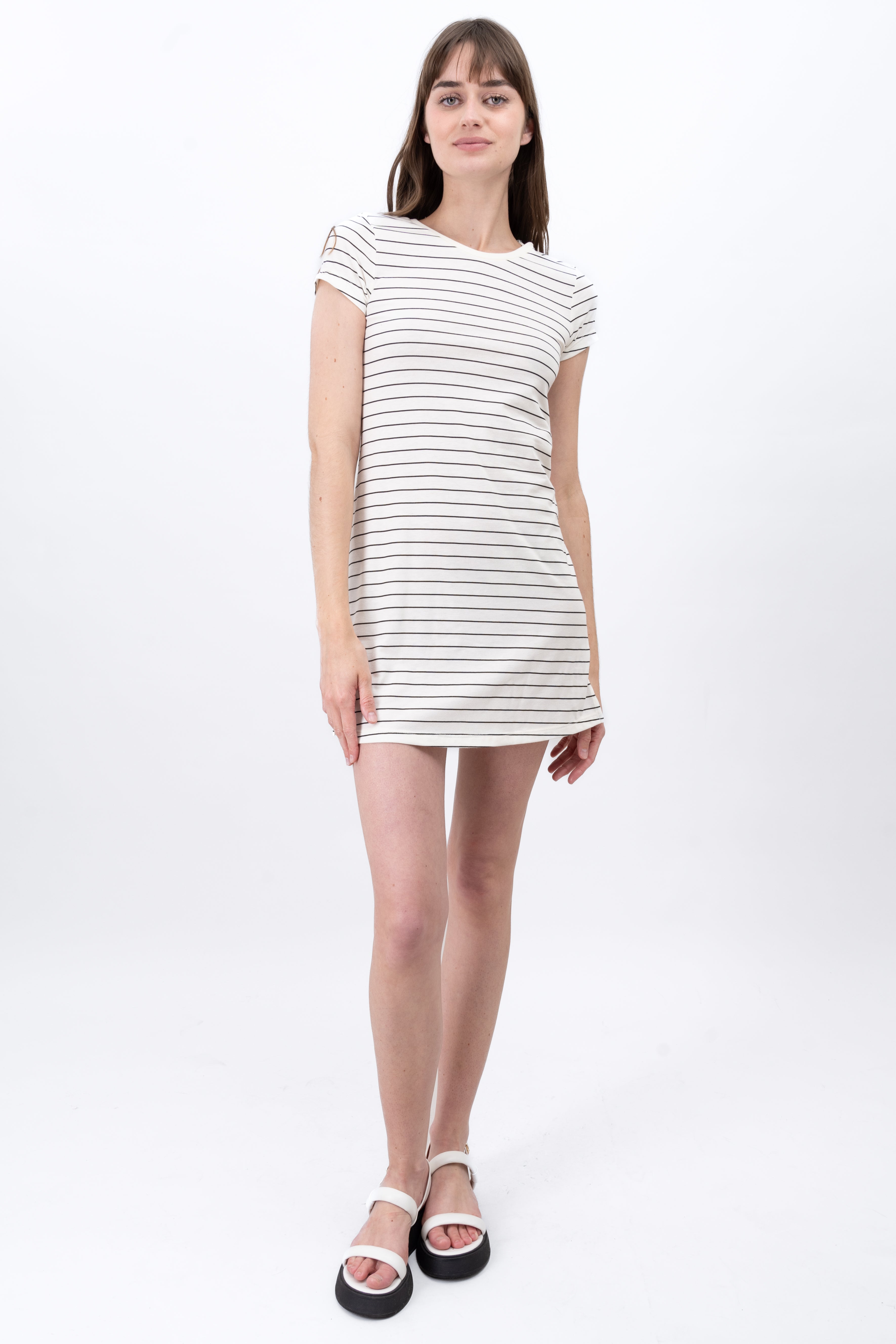 Short Sleeve Striped Print Mini Dress WHITE